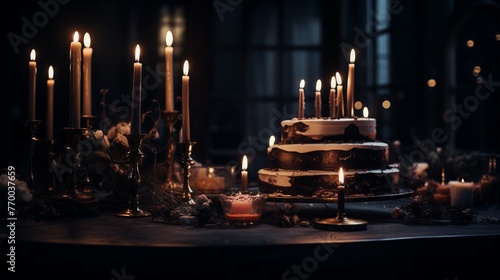 Moody dark scene lit by the soft glow from flickering cake candles reflecting on metallic accents.