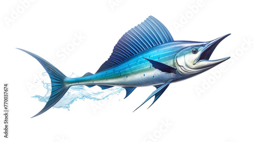 A magnificent blue marlin fish gracefully swimming against a stark white background © mohsan