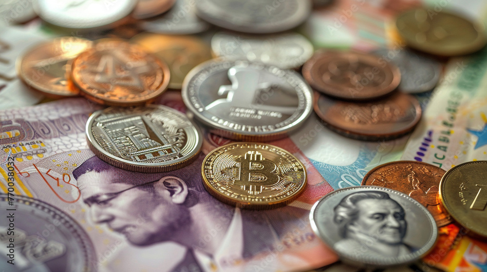 Assortment of International Coins and Banknotes in Macro Photography Assortment of International Coins and Banknotes in Macro Photography