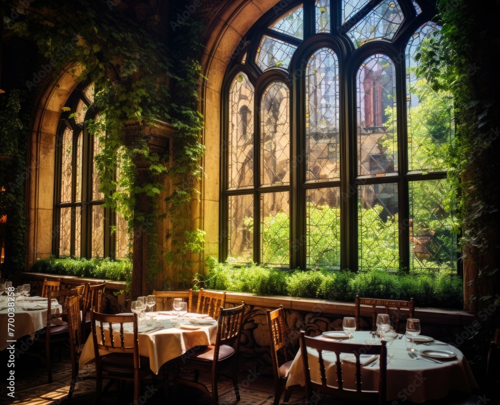 A restaurant with large windows and tables set for dinner. Generative AI.