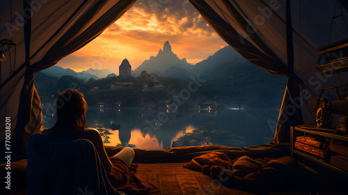 woman relaxing with sleeping bag in tent at night with mountain view #770038201