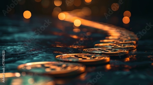 Trail of Bitcoins with orange bokeh on dark water reflection. Cryptocurrency investment and digital economy concept for design and banner. © ANStudio