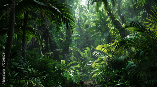 A lush tropical jungle with towering trees and dense undergrowth  alive with the sounds of wildlife