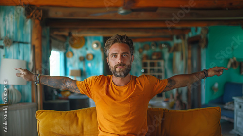 Man stretching on the sofa photo