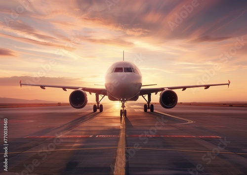 Commercial Airplane on Runway Ready for Takeoff at Sunset with Beautiful Sky