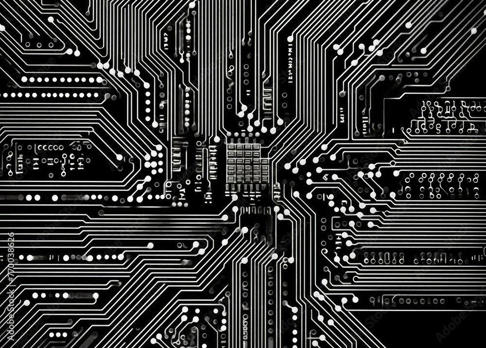 A black and white photograph of a circuit board. Generative AI. A black and white photograph of a circuit board. Generative AI.