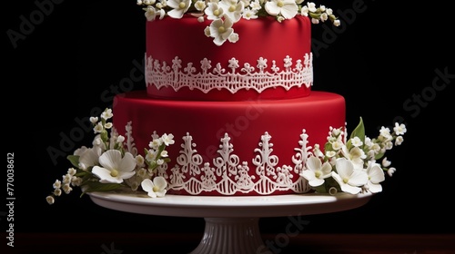 Old-world vintage cake with intricate white lace piped details over a rich red fondant.