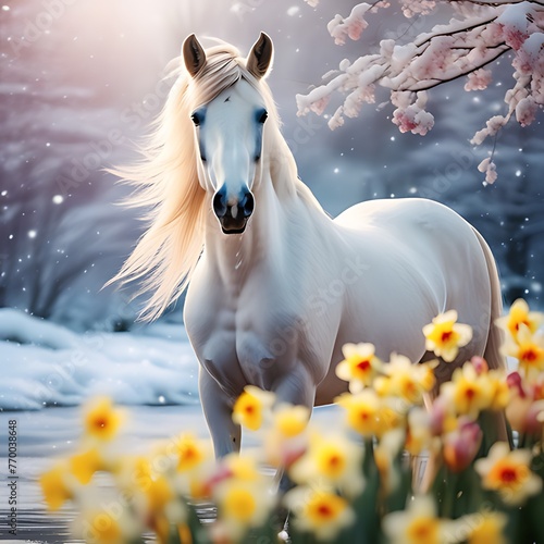 Generative ai. a white horse standing in a field of flowers next to a tree, beautiful serene horse, beautiful horse © Baxxtee