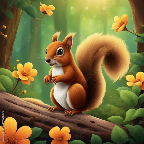 Generative ai. a cartoon squirrel sitting on a tree branch in the woods, cute forest creature © Baxxtee