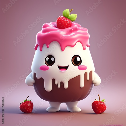 Generative ai. a close up of a chocolate covered cake with a strawberry on top, cute 3 d render, cute cartoon character © Baxxtee