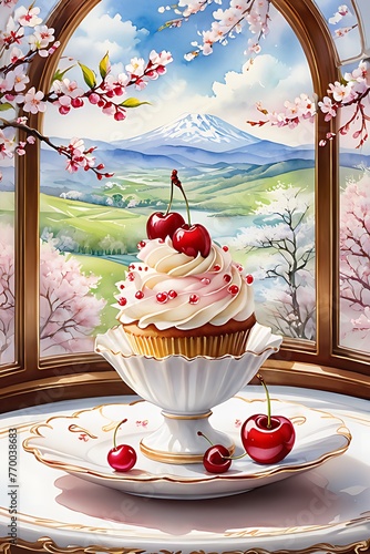 Generative ai. painting of a cupcake with cherry blossoms on a plate, there is one cherry, cherry explosion © Baxxtee
