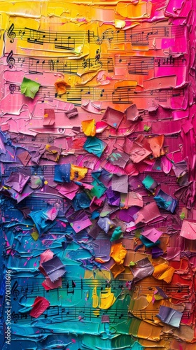 colorful music background, musical notes and paint impasto 