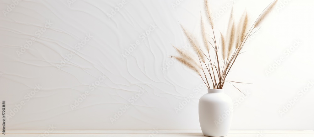 Naklejka premium A white flowerpot containing dried grass is placed against a white wall. The natural materials contrast with the electric blue tint of the feather on the wall