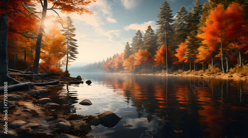 hyper realistic canadian forest with autumns leaves reflection in a lake