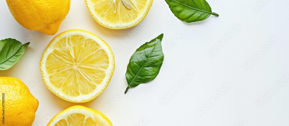 Lemon slices and a leaf isolated on a white background with space for text. Flat lay view from above