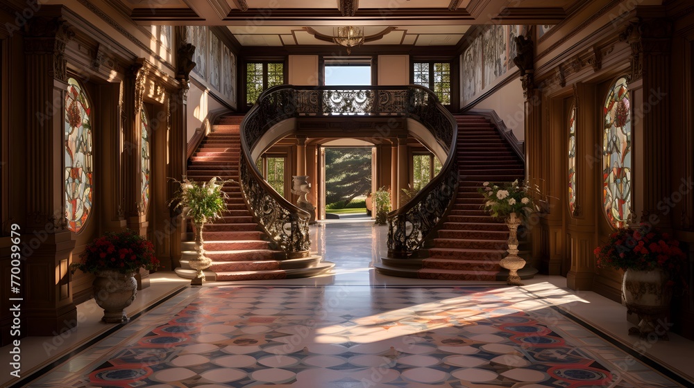 Interior of a luxury mansion in the mountains. Panoramic photo