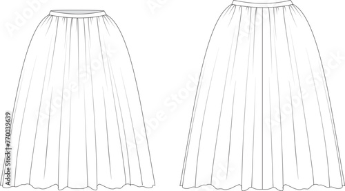 Fluffy, lush, volumnious skirt. Ballet skirt. Tutu skirt.Vector image. Technical drawing. On body.