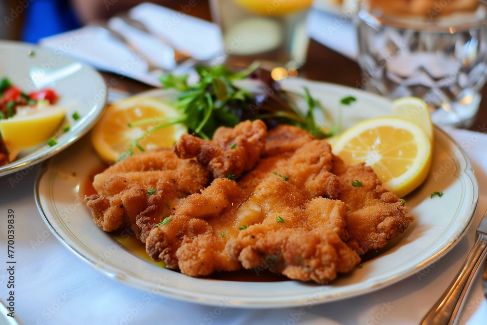 Breaded wiener schnitzel with potato fries and sauce. Breaded wiener schnitzel with potato fries and sauce.