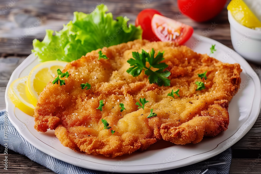 Breaded wiener schnitzel with potato fries and sauce. Breaded wiener schnitzel with potato fries and sauce.
