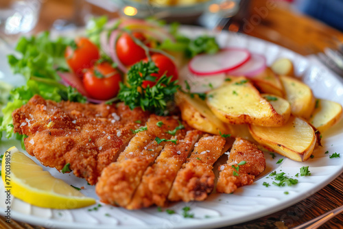 Breaded wiener schnitzel with potato fries and sauce.