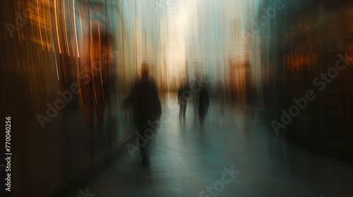 a blurry photo of people walking down a street at night time © progressman