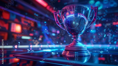 a shiny trophy sitting on top of a table in a room with red and blue lights behind it