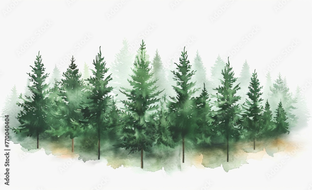 Simple watercolor clipart of an evergreen forest with pine trees, in muted greens and earth tones isolated on a white background