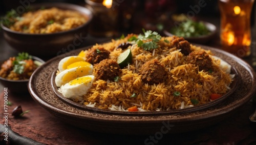 A plate of biryani with a bunch of food on it