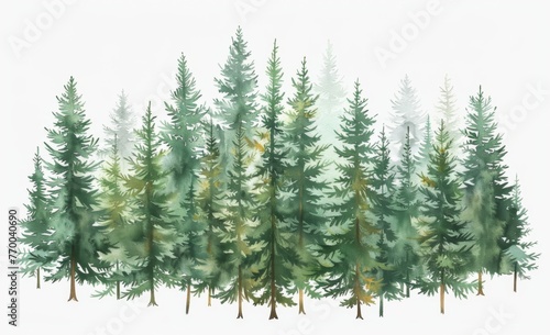 Simple watercolor clipart of an evergreen forest with pine trees, in muted greens and earth tones isolated on a white background