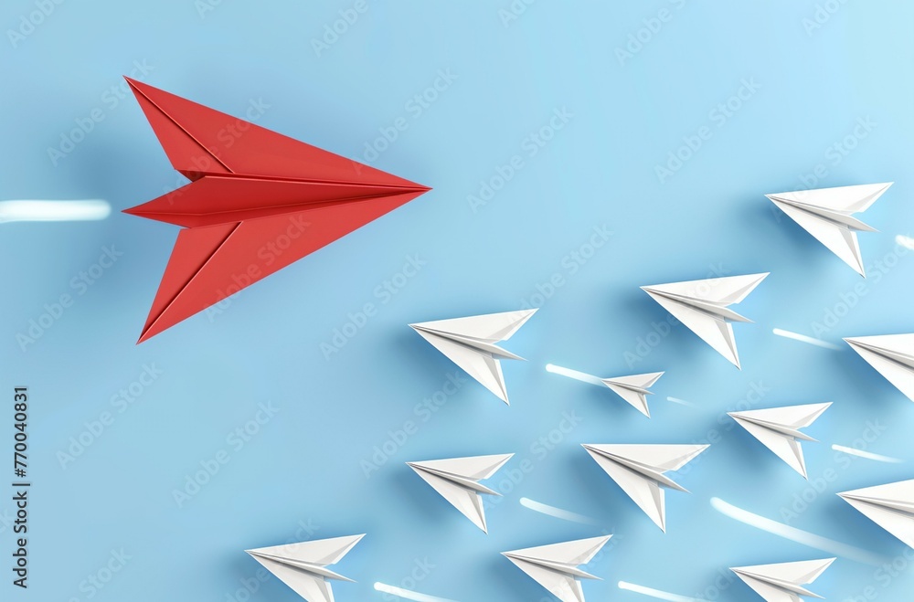 a red paper airplane surrounded by white paper airplanes on a blue background a red paper airplane surrounded by white paper airplanes on a blue background