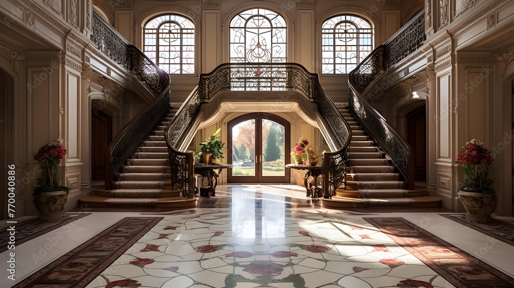 Panorama of a stairway in a palace with a beautiful light