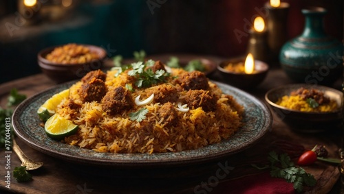 A plate of biryani with a bunch of food on it