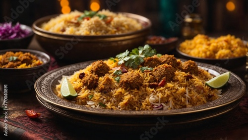 A plate of biryani with a bunch of food on it