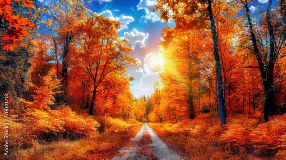 Fototapeta premium A road painting surrounded by yellow trees and orange foliage, positioned within a woodland landscape