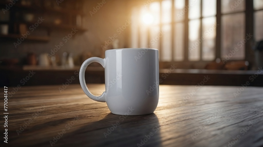 Fototapeta premium White Mug Sublimation Mockup High Dynamic Range Focus on Table