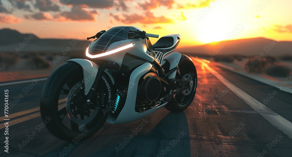 a futuristic motorcycle is parked on the side of the road - obrazy, fototapety, plakaty 