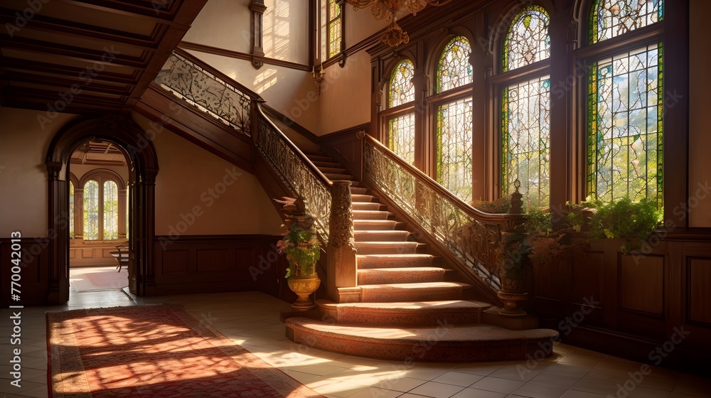 Interior of a beautiful hall with wooden stairs and arched windows