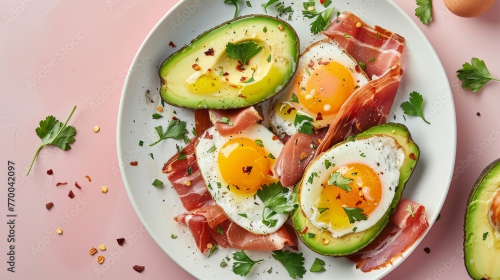 A plate with eggs, bacon, avocado on a pink surface, beside an egg and avocado A plate with eggs, bacon, avocado on a pink surface, beside an egg and avocado