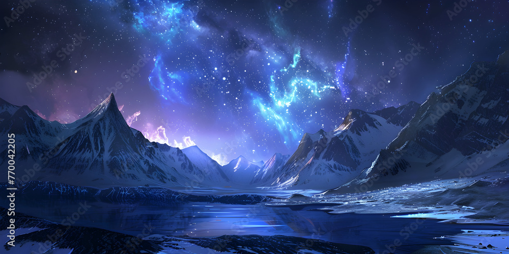 aurora over the sea and Vector-Style Image Of Elfa Mountain Clouds Epic River.