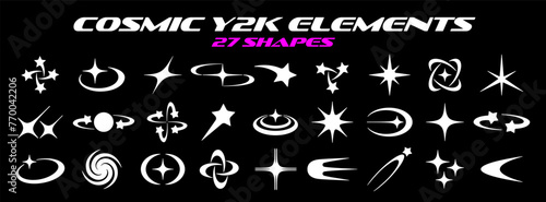 Y2K elements set, retro futuristic cosmic abstract shapes of stars, planets, galaxies, sparkles, comets. Vector object collection from the 2000s