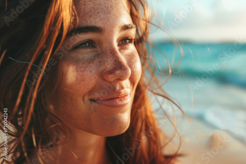 A woman with red hair and freckles is smiling at the camera