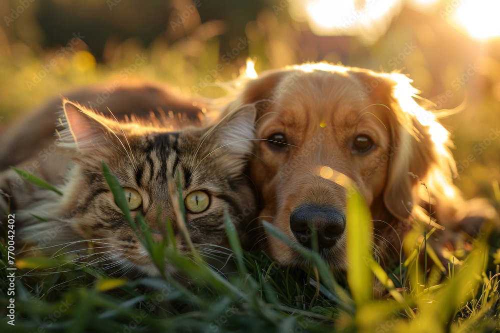 A cat and a dog are laying on the grass together