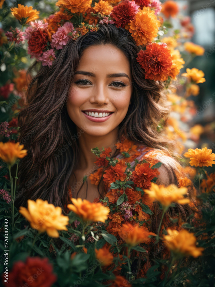 Portrait d'une femme est entourée de fleurs colorées, dont certaines couvrent son visage., photo créative, mode