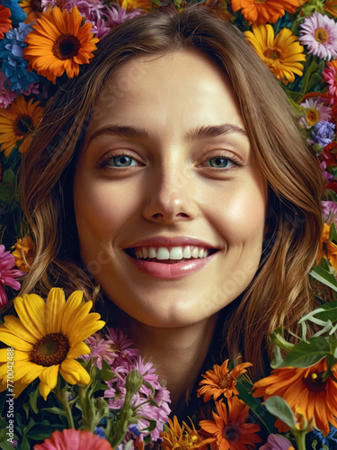 Portrait d'une femme est entourée de fleurs colorées, dont certaines couvrent son visage., photo créative, mode photo