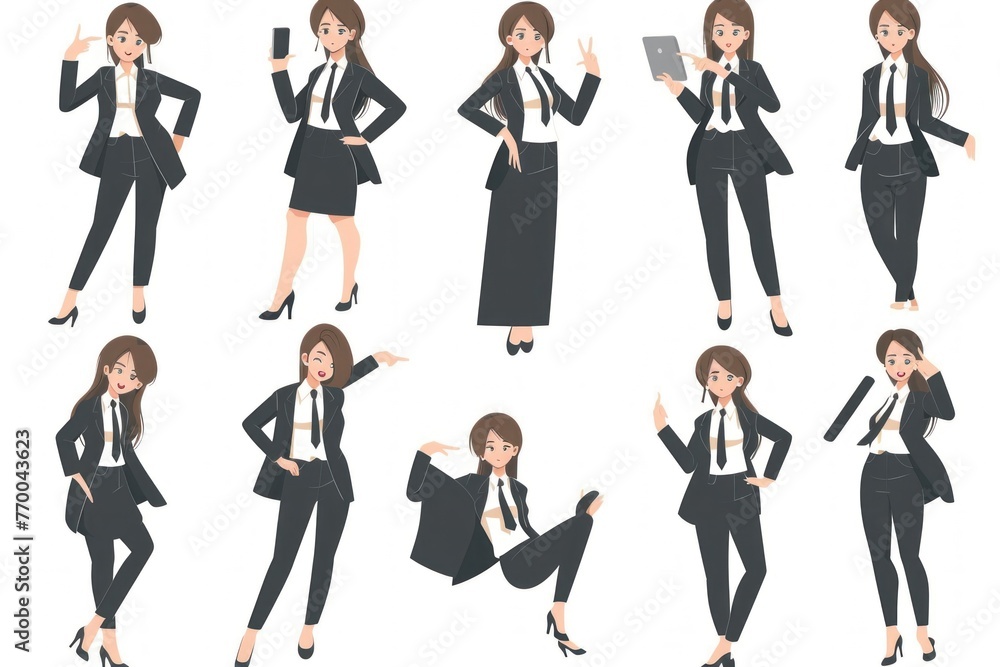 cartoon businesswoman and woman in black suits in various poses