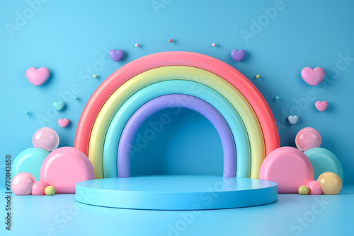 Abstract background in a minimalistic style with a podium in blue colors. Empty pedestal for product display with rainbow 