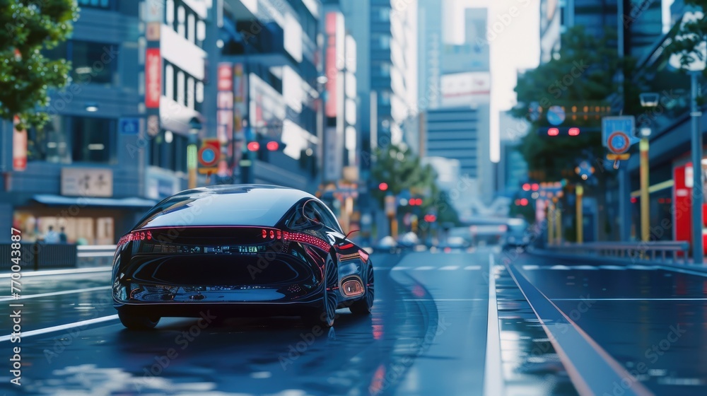 Autonomous Car with HUD on Asian City Street. Self-Driving Vehicle with Automatic Driving Assistance in Automotive Industry Autonomous Car with HUD on Asian City Street. Self-Driving Vehicle with Automatic Driving Assistance in Automotive Industry