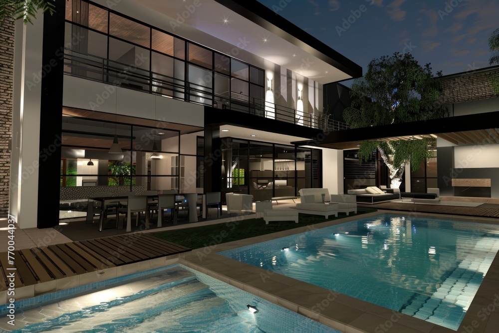 residential modern design with swimming pool and dining room