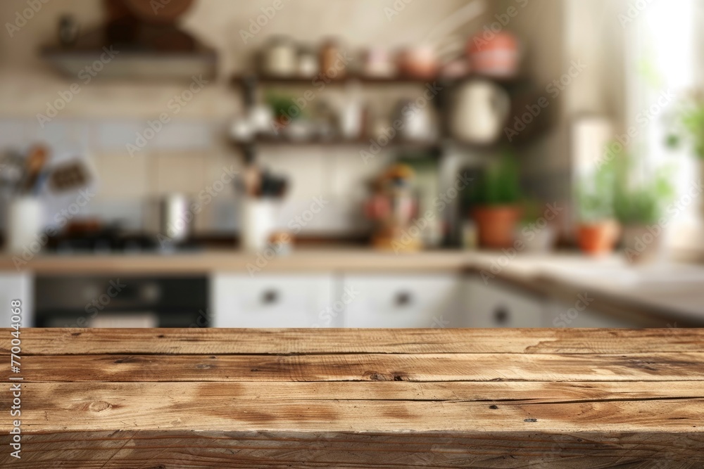 Blurred Kitchen Background with Wooden Table Top and Brown Board