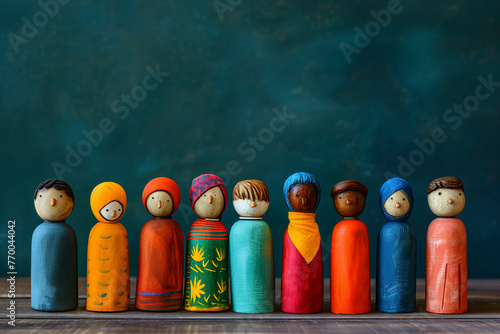 Global People diversity concept art shows in colorful puppet figures in blue background, Multi ethical puppet figures standing in a row, Traditional handmade cute wooden puppets in traditional costume photo